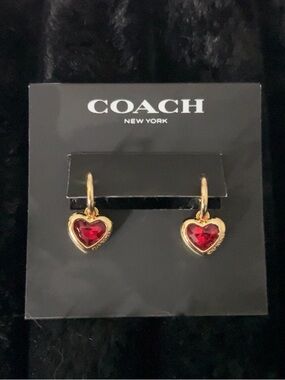Coach Gold Heart Hoop Earrings with Red Crystal Charms